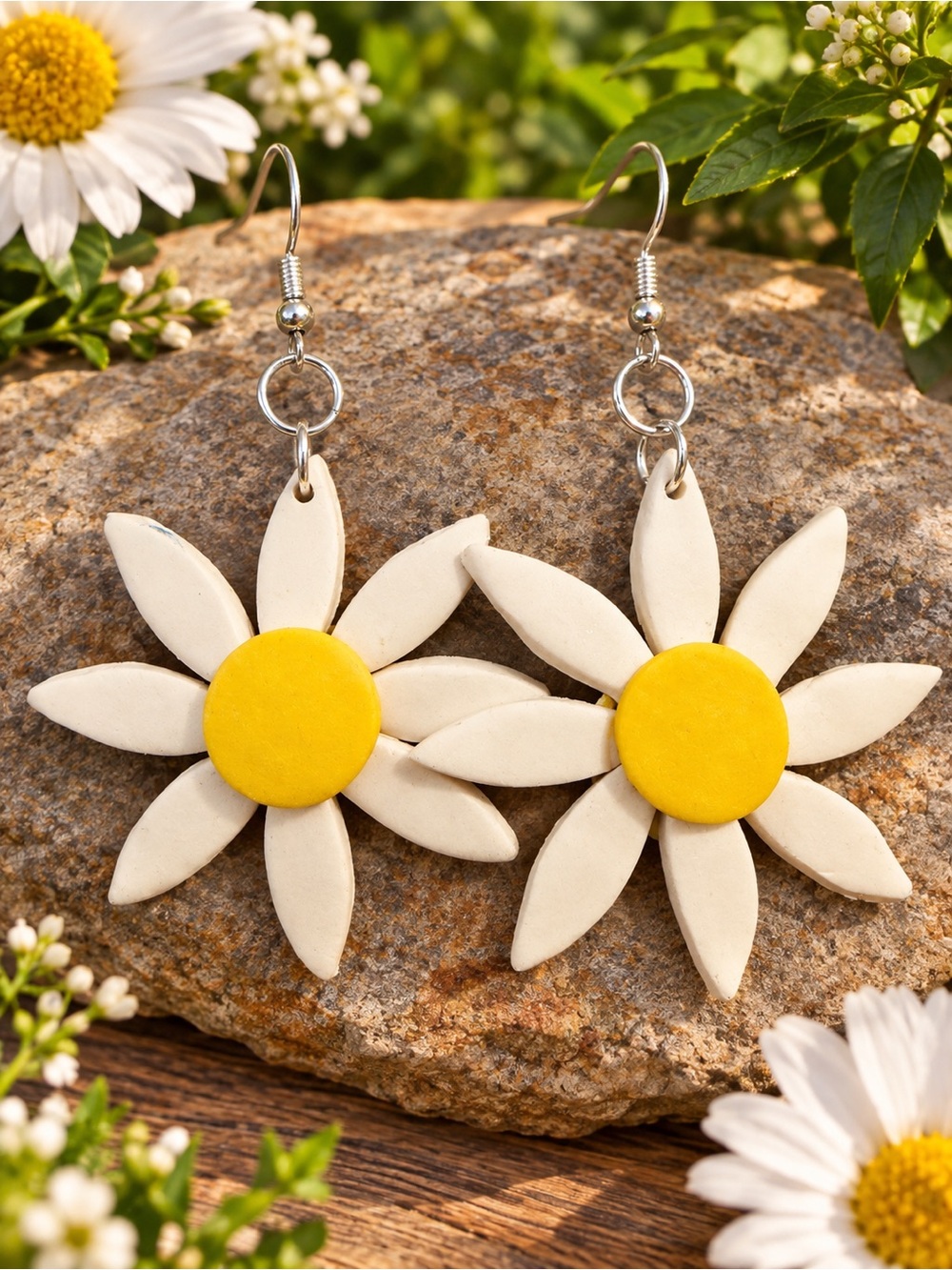 White and Yellow Daisy Drop Handmade Polymer Clay Earrings